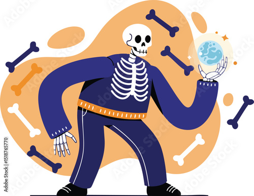 Skeleton holding glowing skull with floating bones around vector illustration in dark blue and orange colors 