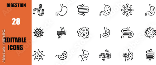 Digestion health icons set with stomach intestine and virus vector illustration for medical design use