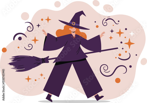 Witch flying on broomstick with magical stars and swirls vector illustration in purple and orange colors 