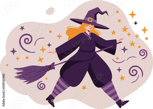 Witch flying on broomstick with purple outfit and orange hair Halloween vector illustration with magical sparkles 