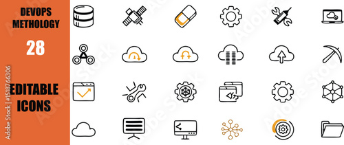 Devops methodology editable icons set for software development it infrastructure and cloud computing projects