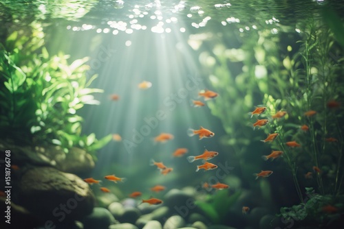 Underwater scene showcasing vibrant goldfish swimming among lush aquatic plants and stones photo