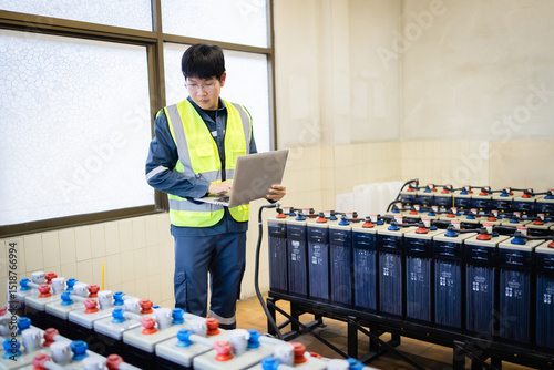 Technician inspects backup power system with multiple batteries while using laptop to ensure proper maintenance and efficient operation in industrial setting