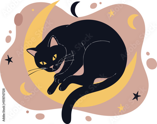 Black Cat Illustration with Crescent Moons and Stars in Abstract Background Vector Art 