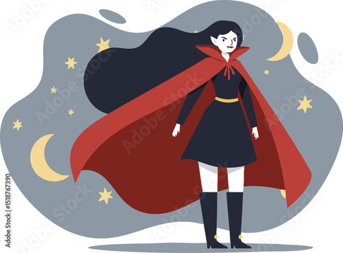 Female superhero character with flowing red cape under night sky with stars and crescent moons vector illustration  photo