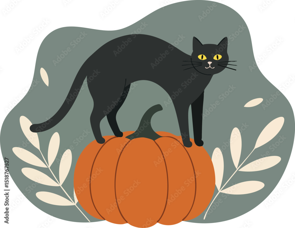 Black Cat Standing on Orange Pumpkin with Green Leaves Vector Illustration for Halloween or Autumn Decoration Black Cat Standing on Orange Pumpkin with Green Leaves Vector Illustration for Halloween or Autumn Decoration