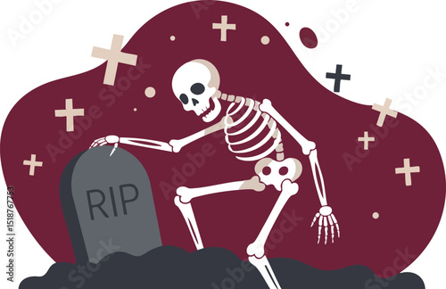 Skeleton Rising From Grave Illustration With Tombstone And Crosses In Dark Background Vector Graphic 