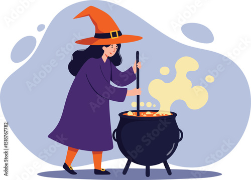 Witch stirring magical potion in cauldron with orange hat and purple cloak vector illustration 
