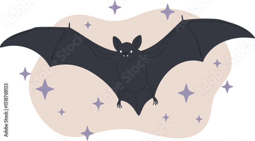 Bat flying with spread wings surrounded by stars in muted background vector illustration 