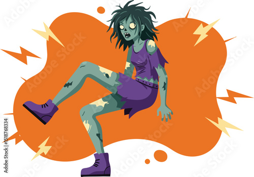 Zombie character illustration with green skin and purple outfit sitting on orange background vector art 