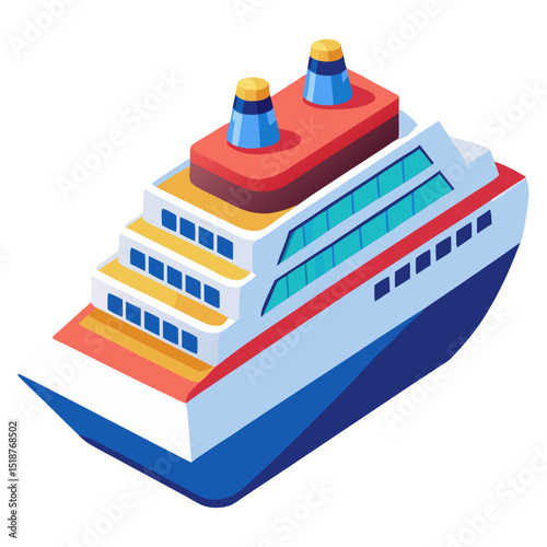a vibrant isometric illustration of a large passenger cruise ship, featuring multiple decks and two prominent funnels. It symbolizes luxury travel, ocean voyages, tourism, and maritime transportation.
