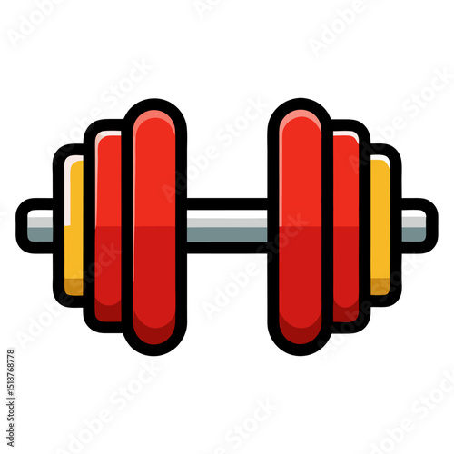 a vibrant illustration of a dumbbell with red and yellow weight plates, seen from a straight-on perspective. It symbolizes fitness, strength training, exercise, and a healthy lifestyle.