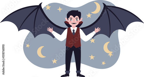 Vampire character with bat wings standing under crescent moons and stars in night sky vector illustration 