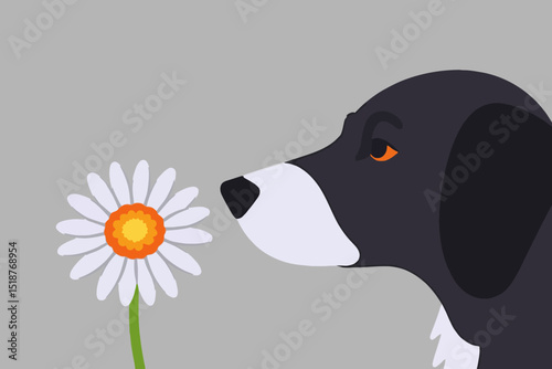 Dog and Daisy Illustration - Black and White Dog Smelling a Flower - Cute Animal Vector Graphic - Springtime Floral Scene with Pet Dog