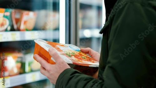 Person shopping for frozen meals at supermarket