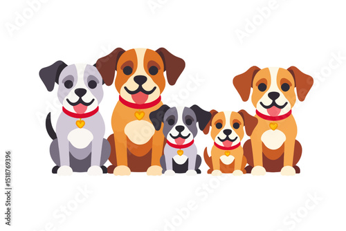Cute Cartoon Dogs Illustration - Family of Five Puppies Sitting Together - Adorable Dog Breed Characters with Heart Collars - Vector Graphics for Children and Pet Lovers