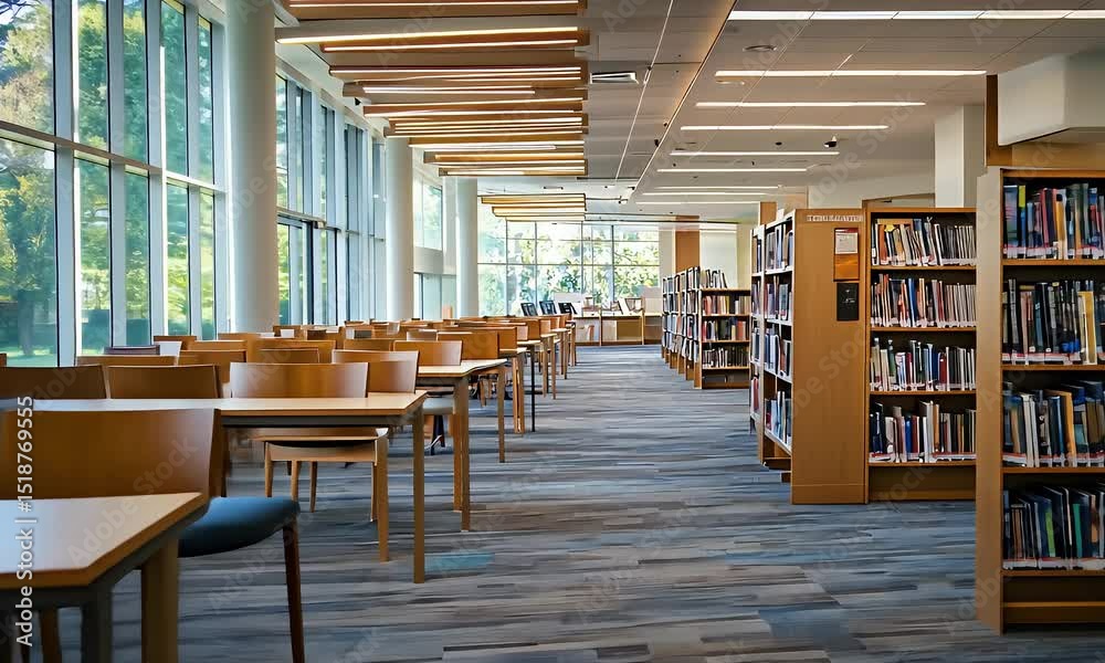 Peaceful Library Interior with Rows of Books Tables and Natural Light Coming Through Large Windows Creating an