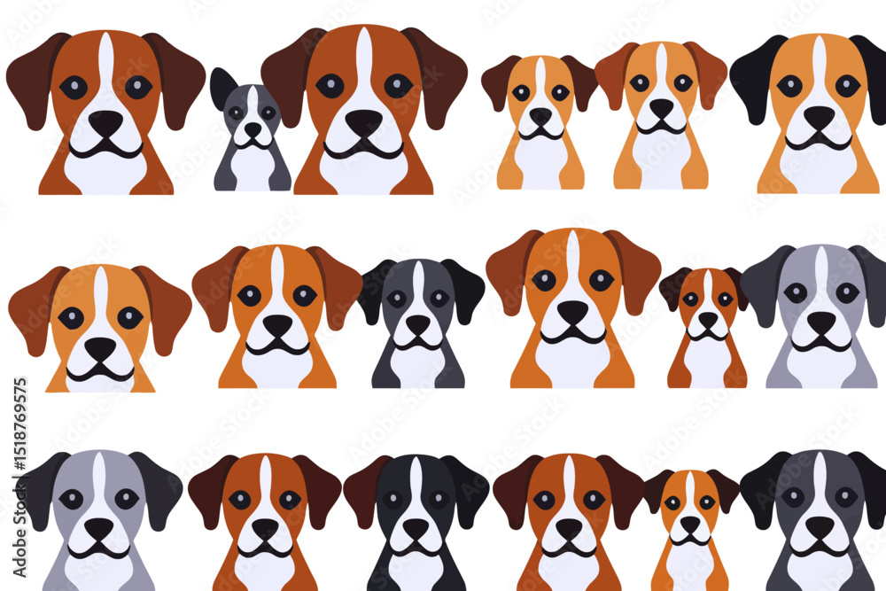 Naklejka premium Cute Dog Faces Illustration - Adorable Puppy Heads Pattern - Cartoon Dog Breed Graphics - Playful Animal Art Design - Perfect for Pet Lovers