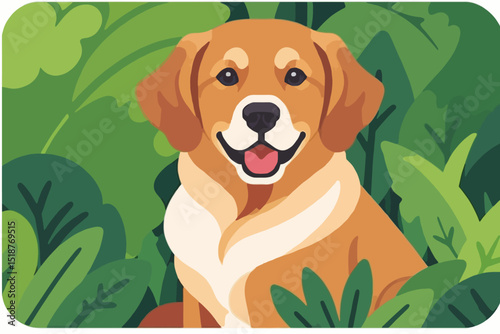 Cute Cartoon Golden Retriever in Green Foliage - Adorable Puppy Art for Dog Lovers - Digital Illustration of a Happy Pet in Nature - Dog Breed Graphics