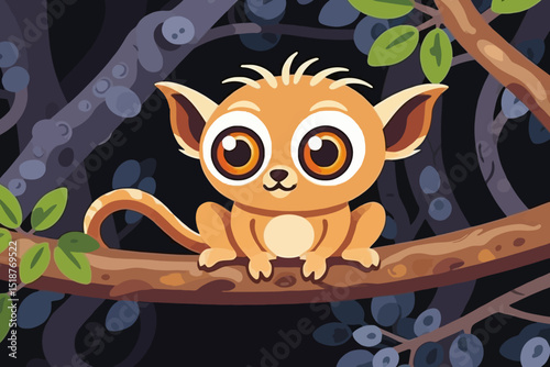 Cute Cartoon Tarsier on Branch-Adorable Animated Primate with Big Eyes-Whimsical Illustration for Kids-Forest Animal Graphic-Jungle Creature Art Print