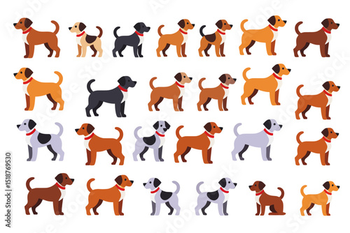 Cute Dog Breeds Illustration-Adorable Puppy Icons in Various Colors-Cartoon Dogs Wearing Red Collars-Flat Design Style-Perfect for Pet Lovers and Graphic Projects