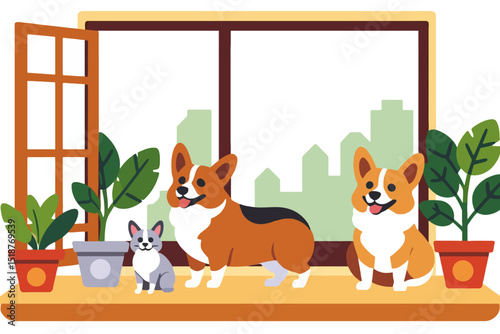Cute Corgis and Grey Cat Sitting by Window with Plants-Cartoon Illustration of Happy Pets-Indoor Scene with Sunlight-Perfect for Dog Lovers and Home Decor