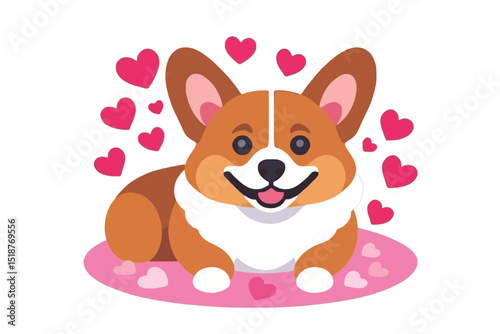 Cute Corgi with Hearts Illustration-Adorable Cartoon Dog surrounded by Pink Hearts-Perfect for Valentine's Day or any Love themed Designs-High Resolution Vector Graphics Available