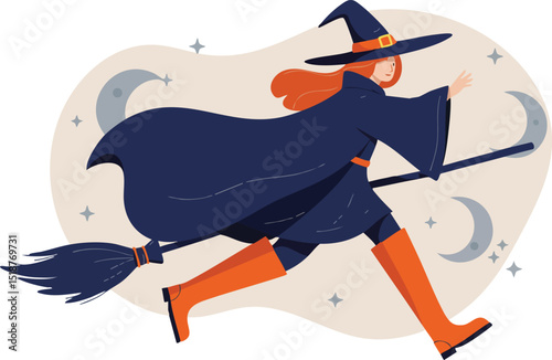 Witch flying on broomstick with black cloak and hat Halloween costume vector illustration 