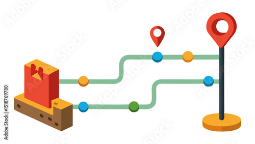 illustration shows multiple routes branching from a building to a destination flag and another pin, marked with colorful nodes. It symbolizes journey planning, logistics, delivery routes, and navigati