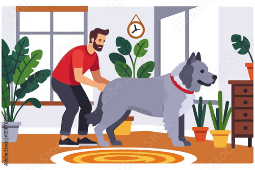 Dog Wellness Check at Home - A Man Checking His Dog's Health in a Cozy Living Room Filled with Plants - Pet Care and Home Environment Depicted
