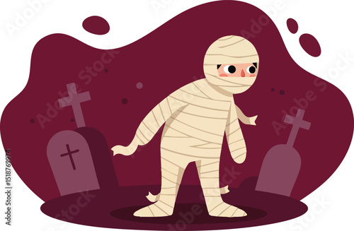 Cute mummy character walking in graveyard with tombstones Halloween horror vector illustration 