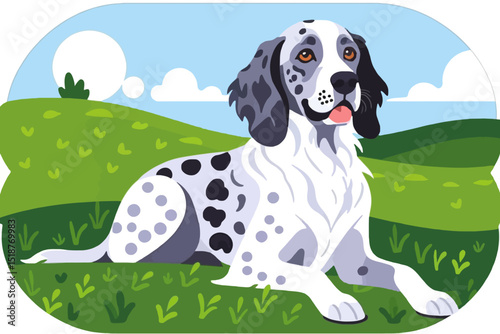 English Setter Dog Illustration - Cute Spotted Dog Resting on Green Hill - Pet Portrait with Playful Expression - Dog Breed Art for Animal Lovers