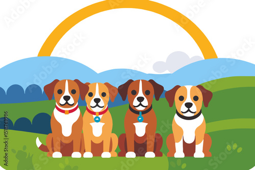 Four Cute Cartoon Dogs Sitting in a Row-Pet-Friendly Illustration with Playful Design-Perfect for Dog Lovers and Kids-Vector Art for Posters