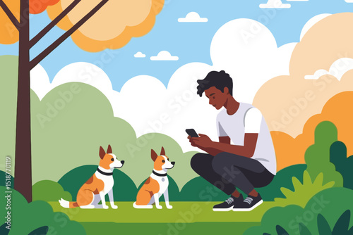 Man with dogs in park illustration-Man using phone while dog sitting-Relaxing outdoor scene with pet friends and modern technology