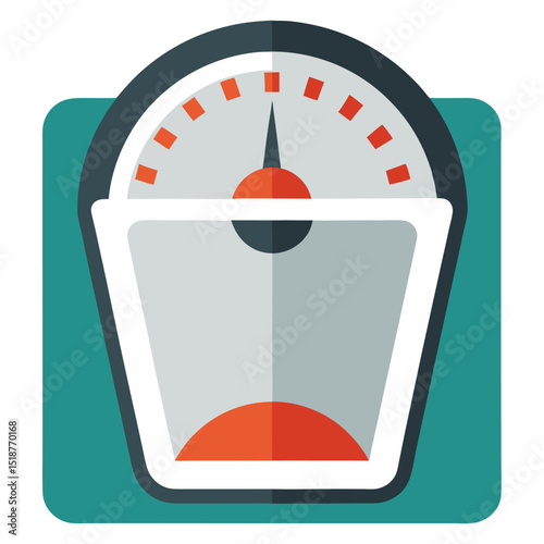 a flat icon of an analog bathroom scale with a red needle pointing to a measurement. It symbolizes weight management, health, fitness, diet, and monitoring physical progress.