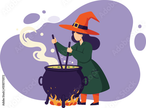 Witch stirring a potion in a cauldron with orange hat and green coat vector illustration for Halloween theme 