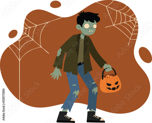 Halloween zombie character holding pumpkin basket with spider webs in background vector illustration 