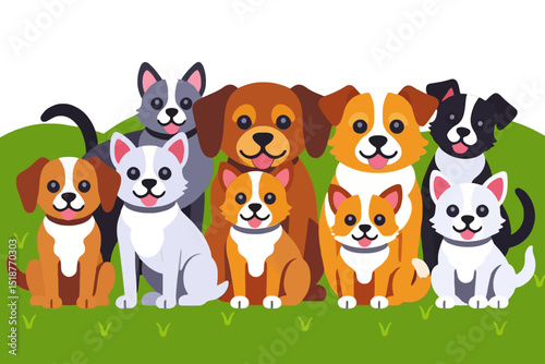 Cute Cartoon Dogs Illustration - Various Breeds and Colors - Adorable Puppy Group on Green Background - Playful Dog Vector Art