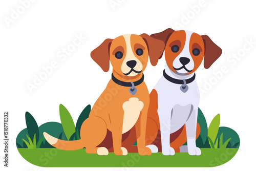Two Cute Cartoon Dogs Sitting on Grass-Adorable Puppy Illustration for Kids-Friendly Dog Breed Clipart-Animal Pet Vector Art for Website and Print Material
