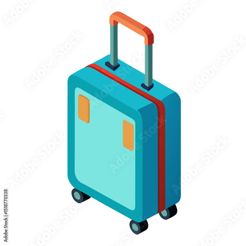 a vibrant isometric illustration of a teal blue hardshell suitcase with an extended orange handle and wheels. It symbolizes travel, vacation, luggage, journey, and adventure.