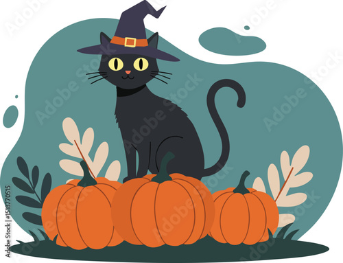 Black Cat Wearing Witch Hat Sitting on Pumpkins with Autumn Leaves Halloween Theme Vector Illustration 