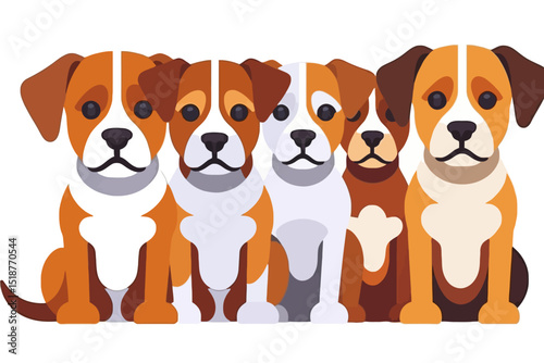 Cute Cartoon Puppies Illustration - Five Adorable Brown and White Dogs Sitting Together - Happy Puppy Group for Kids and Animal Lovers - Download Free Vector Image