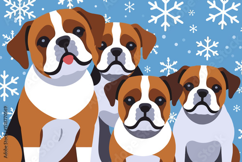 Adorable Boxer Dog Family in Winter Scene - Festive Puppy Portrait with Snowflakes - Cute Cartoon Dogs for Holiday Cheer-Christmas Pet Art