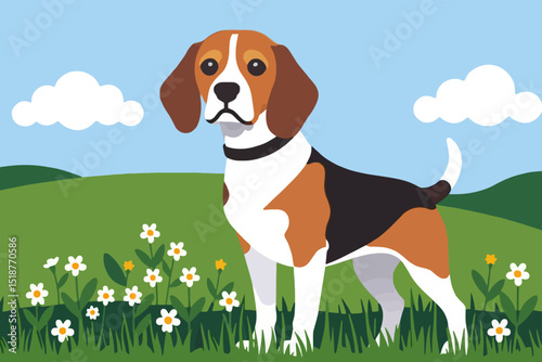 Beagle Dog Illustration - Cute Cartoon Beagle Puppy in a Meadow - Playful Canine Art with Flowers and Clouds - Pet Portrait for Dog Lovers