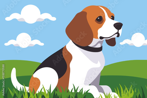 Beagle Dog Illustration - Cute Puppy Sitting in Green Grass - Playful Canine in a Sunny Outdoor Scene - Vector Art of a Beloved Pet