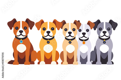 Cartoon Dogs Illustration-Cute Puppies with Collars Sitting in a Row-Vector Image of Colorful Dogs for Kids-Dog Breed Clipart for Animal Lovers-Pet Illustration