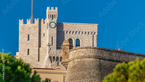 Prince's Palace of Monaco timelapse with early morning light. Residence of the Prince of Monaco.