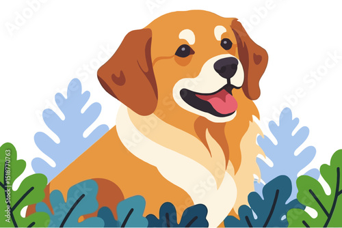 Cartoon Golden Retriever Illustration-Happy Dog in Floral Setting-Cute Pet Vector Graphic-Perfect for Dog Lovers and Children's Designs-Animal Art