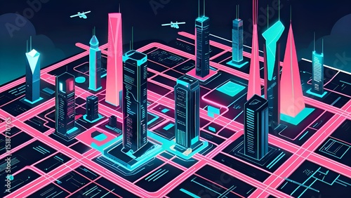 neon city, futuristic, cyberpunk, glowing, skyscrapers, urban, digital, 3D, modern architecture, virtual, abstract, tech, vibrant, synthetic, luminous, metropolis, network, future, electric.
