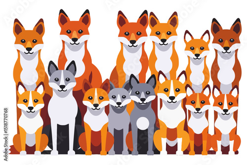 Cartoon Foxes Illustration - Group of Cute Foxes - Orange, Gray and White Foxes - Adorable Animal Vector Art - Ideal for Childrens Books or Prints